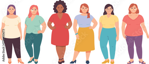 Diverse plus size women standing together illustration, body positivity concept, different female body shapes, confidence and fashion diversity vector design for empowerment themes.