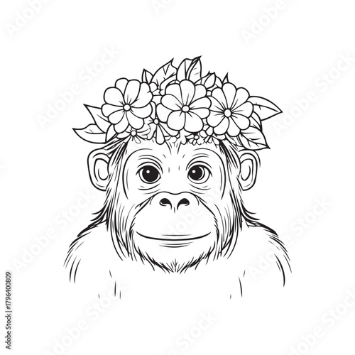 Hand-Drawn Monkey with Floral Crown – Cute Jungle Animal Illustration