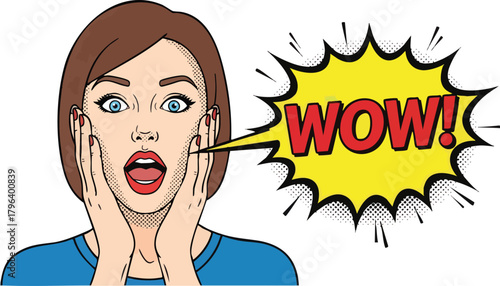 Woman Expressing Shock and Surprise with a Wow Speech Bubble.