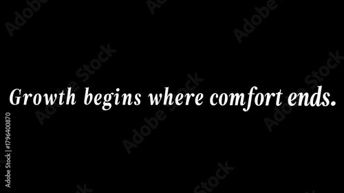 Growth begins where comfort ends quote in white italic text on a black background image