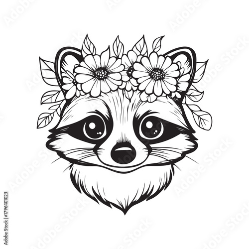 Hand-Drawn Raccoon Head with Floral Crown – Cute Woodland Animal Illustration