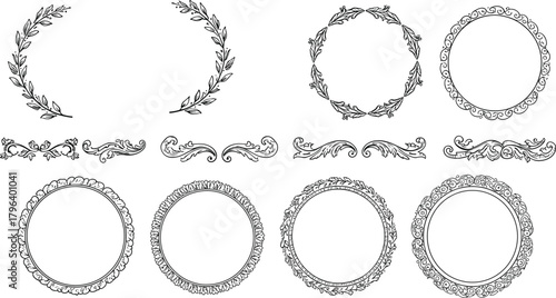 Elegant decorative frames and floral borders vector illustration, vintage ornamental wreaths and round designs set for invitations, logos, and classic decoration artwork
