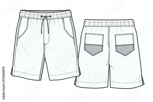 Male shorts front and back view vector design technical flat drawing by adobe illustrator.
