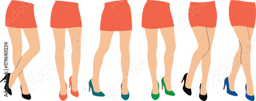 Fashionable woman legs wearing short red skirt and colorful high heels shoes, stylish feminine poses illustration, beauty and fashion vector art design