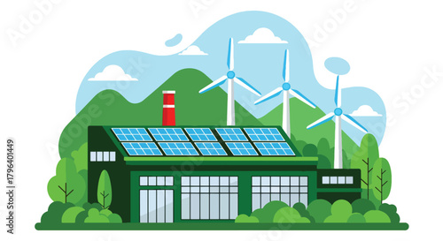 Flat vector illustration of green factory with rooftop solar panels, wind turbines, and trees around the site. Solid colors, clean shapes, no gradients, promoting renewable industrial energy