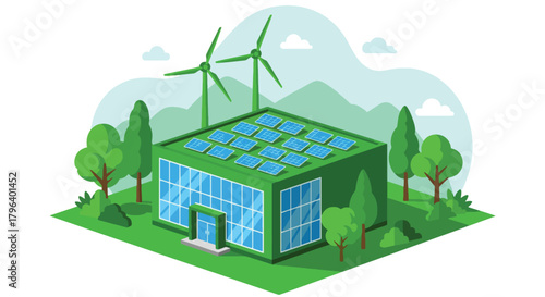 Flat vector illustration of green factory with rooftop solar panels, wind turbines, and trees around the site. Solid colors, clean shapes, no gradients, promoting renewable industrial energy