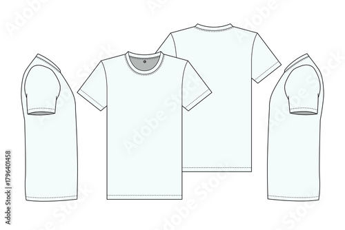 Basic t shirt front, back and side view vector design mockup template technical flat drawing.