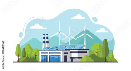 Flat vector illustration of green factory with rooftop solar panels, wind turbines, and trees around the site. Solid colors, clean shapes, no gradients, promoting renewable industrial energy