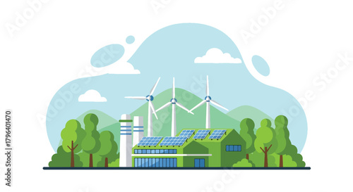 Flat vector illustration of green factory with rooftop solar panels, wind turbines, and trees around the site. Solid colors, clean shapes, no gradients, promoting renewable industrial energy