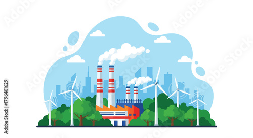Flat vector illustration of eco factory with clean vapor chimneys, trees, wind turbines, and sustainability icons. Solid colors only, no gradients, emission-free industrial concept
