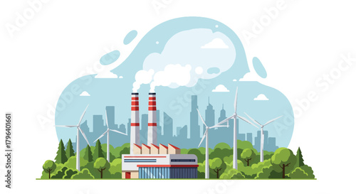 Flat vector illustration of eco factory with clean vapor chimneys, trees, wind turbines, and sustainability icons. Solid colors only, no gradients, emission-free industrial concept