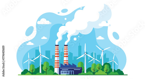 Flat vector illustration of eco factory with clean vapor chimneys, trees, wind turbines, and sustainability icons. Solid colors only, no gradients, emission-free industrial concept