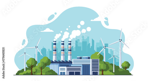 Flat vector illustration of eco factory with clean vapor chimneys, trees, wind turbines, and sustainability icons. Solid colors only, no gradients, emission-free industrial concept