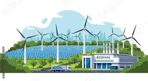 Flat vector illustration of eco industrial park using solar farms, wind turbines, and electric trucks. Solid tones, clean geometric style, no gradients, large-scale green energy hub