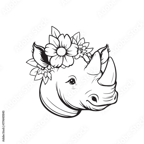 Hand-Drawn Rhino Head with Floral Crown – Elegant Wildlife Illustration