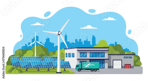 Flat vector illustration of eco industrial park using solar farms, wind turbines, and electric trucks. Solid tones, clean geometric style, no gradients, large-scale green energy hub