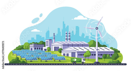 Flat vector illustration of eco industrial park using solar farms, wind turbines, and electric trucks. Solid tones, clean geometric style, no gradients, large-scale green energy hub