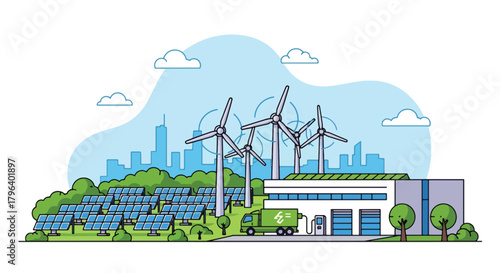 Flat vector illustration of eco industrial park using solar farms, wind turbines, and electric trucks. Solid tones, clean geometric style, no gradients, large-scale green energy hub