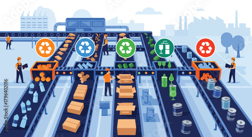 Flat vector illustration of recycling plant sorting materials on conveyors with green icons and eco labels. Solid colors, no gradients, sustainable waste management industry
