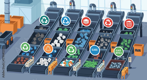 Flat vector illustration of recycling plant sorting materials on conveyors with green icons and eco labels. Solid colors, no gradients, sustainable waste management industry