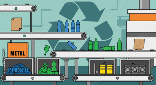 Flat vector illustration of recycling plant sorting materials on conveyors with green icons and eco labels. Solid colors, no gradients, sustainable waste management industry