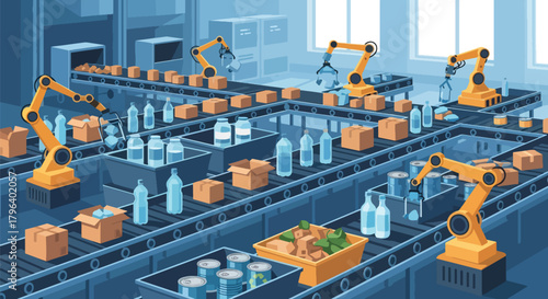 Flat vector illustration of recycling plant sorting materials on conveyors with green icons and eco labels. Solid colors, no gradients, sustainable waste management industry