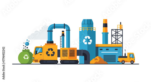 Flat vector illustration of recycling plant sorting materials on conveyors with green icons and eco labels. Solid colors, no gradients, sustainable waste management industry