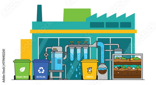 Flat vector illustration of clean eco factory with zero-waste recycling bins, composting units, and water filtration. Solid tones, no gradients, waste-free sustainable production
