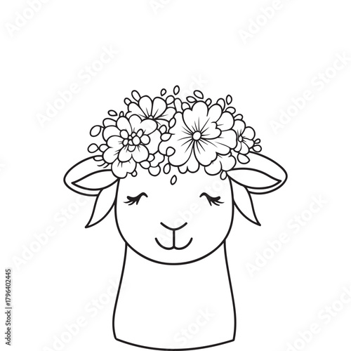 Cute Sleeping Lamb Illustration with Floral Crown – Hand-Drawn Farm Animal Art