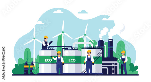 Flat vector illustration of safe green chemical plant with clean tanks, protective workers, and renewable energy sources. Solid tones, no gradients, responsible industrial processing