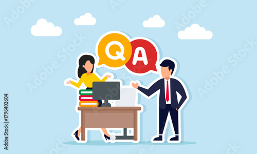 Businessman talking with businesswoman near a workstation showing a Q and A chat dialog illustration of a job interview for hiring company employees
