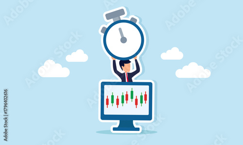 Businessman holding a stopwatch emerging from a monitor displaying candlestick charts illustration of stock market trading hours