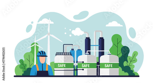 Flat vector illustration of safe green chemical plant with clean tanks, protective workers, and renewable energy sources. Solid tones, no gradients, responsible industrial processing