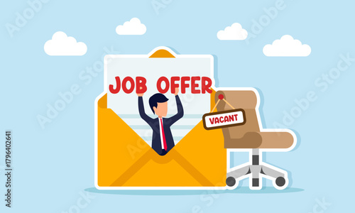 Businessman holding a JOB OFFER text emerging from a document envelope near a work chair with a VACANT sign illustration of applying for a specific job position in a company