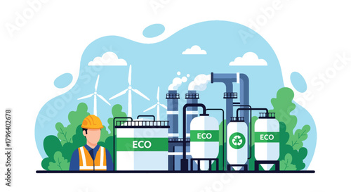 Flat vector illustration of safe green chemical plant with clean tanks, protective workers, and renewable energy sources. Solid tones, no gradients, responsible industrial processing