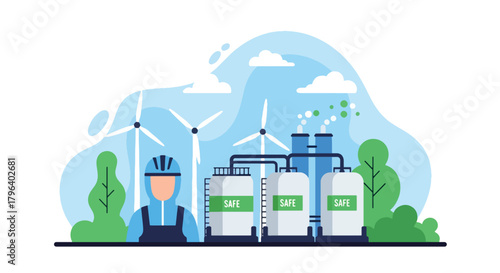 Flat vector illustration of safe green chemical plant with clean tanks, protective workers, and renewable energy sources. Solid tones, no gradients, responsible industrial processing