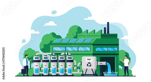 Flat vector illustration of industrial water recycling facility with filtration pipes and blue eco flow icons. Solid tones, no gradients, sustainable factory water system