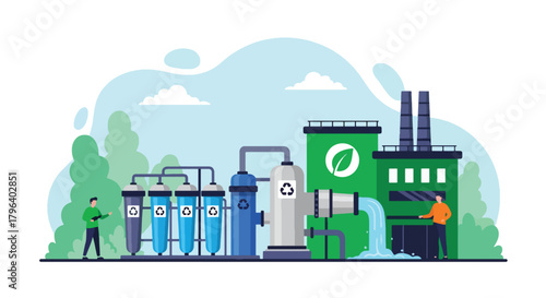 Flat vector illustration of industrial water recycling facility with filtration pipes and blue eco flow icons. Solid tones, no gradients, sustainable factory water system