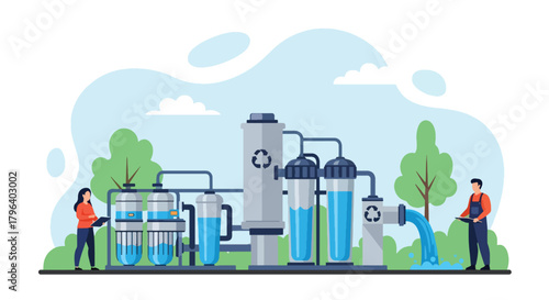 Flat vector illustration of industrial water recycling facility with filtration pipes and blue eco flow icons. Solid tones, no gradients, sustainable factory water system