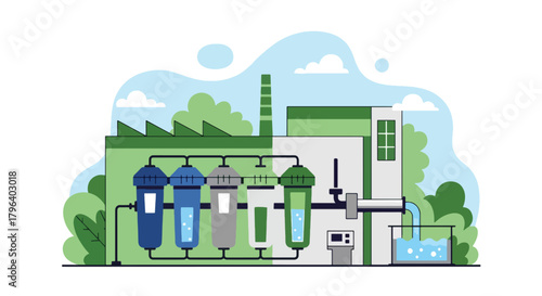 Flat vector illustration of industrial water recycling facility with filtration pipes and blue eco flow icons. Solid tones, no gradients, sustainable factory water system