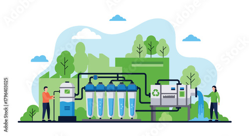 Flat vector illustration of industrial water recycling facility with filtration pipes and blue eco flow icons. Solid tones, no gradients, sustainable factory water system