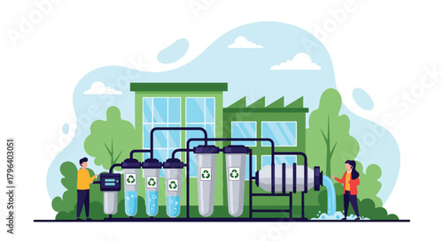 Flat vector illustration of industrial water recycling facility with filtration pipes and blue eco flow icons. Solid tones, no gradients, sustainable factory water system