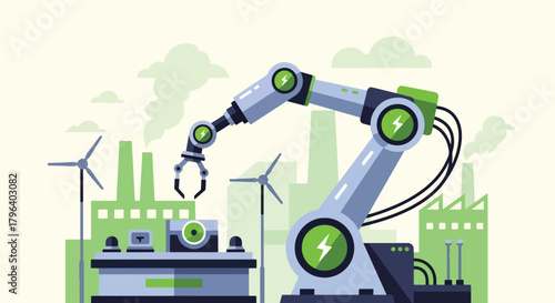 Flat vector illustration of eco-friendly assembly robots building green products with energy-efficient equipment. Solid tones, no gradients, sustainable industrial automation