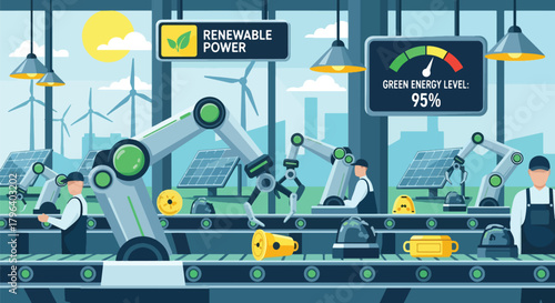Flat vector illustration of eco-friendly assembly robots building green products with energy-efficient equipment. Solid tones, no gradients, sustainable industrial automation