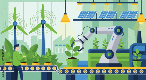 Flat vector illustration of eco-friendly assembly robots building green products with energy-efficient equipment. Solid tones, no gradients, sustainable industrial automation
