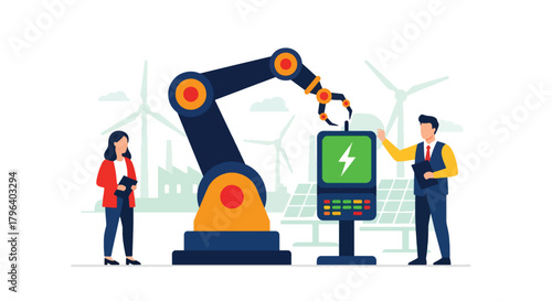 Flat vector illustration of eco-friendly assembly robots building green products with energy-efficient equipment. Solid tones, no gradients, sustainable industrial automation
