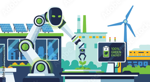 Flat vector illustration of eco-friendly assembly robots building green products with energy-efficient equipment. Solid tones, no gradients, sustainable industrial automation