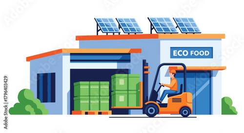Flat vector illustration of green food processing plant using renewable energy, electric forklifts, and recyclable packaging lines. Solid tones, no gradients, clean industry workflow