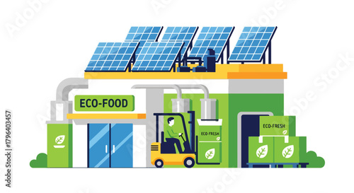 Flat vector illustration of green food processing plant using renewable energy, electric forklifts, and recyclable packaging lines. Solid tones, no gradients, clean industry workflow