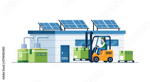 Flat vector illustration of green food processing plant using renewable energy, electric forklifts, and recyclable packaging lines. Solid tones, no gradients, clean industry workflow